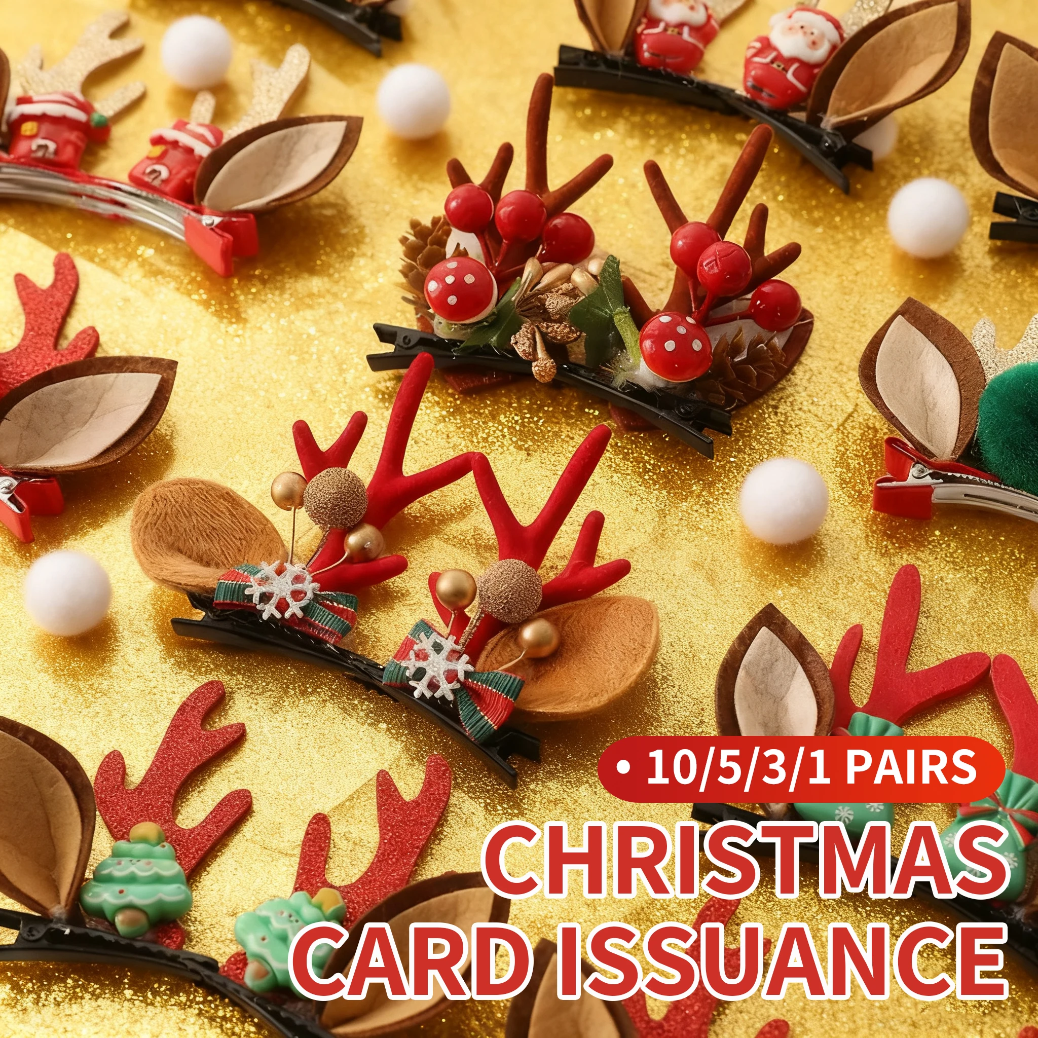 

10/5/3/1Pair Christmas Antlers Hair Accessories - Cute Hair Clips - Christmas Red Hair Clips - Hairball Head Clips