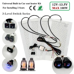 Universal Built-in Car Seat Heater Kit Fit 2 Seats 12V 100W Carbon Fiber Heating Pads with 3 Levels Control Switch System