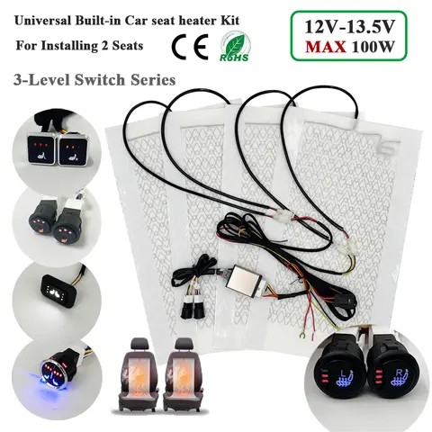 Kit aquecedor universal embutido para assento de carro, adequado para 2 assentos, 12v, 100w, almofadas de aquecimento de fibra de carbono com sistema de interruptor de controle de 3 níveis