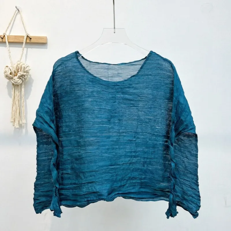 Miyake Minimalist Style Wicker Pleated T-Shirt 2026 Summer New Fashion Lightweight Breathable Round Neck Women's Transparent Top