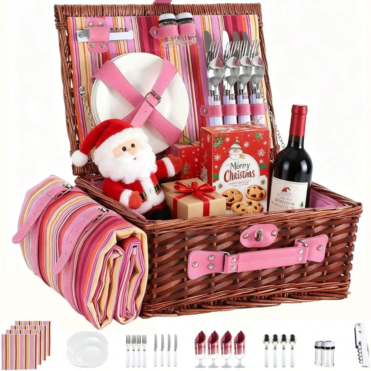 Cesta de picnic con manta impermeable, bolsa aislante, mimbre a rayas, diseño clásico, regalo ideal para Navidad, Acción de Gracias, bodas, cumpleaños, campamentos, actividades al aire libre, playa y viajes.