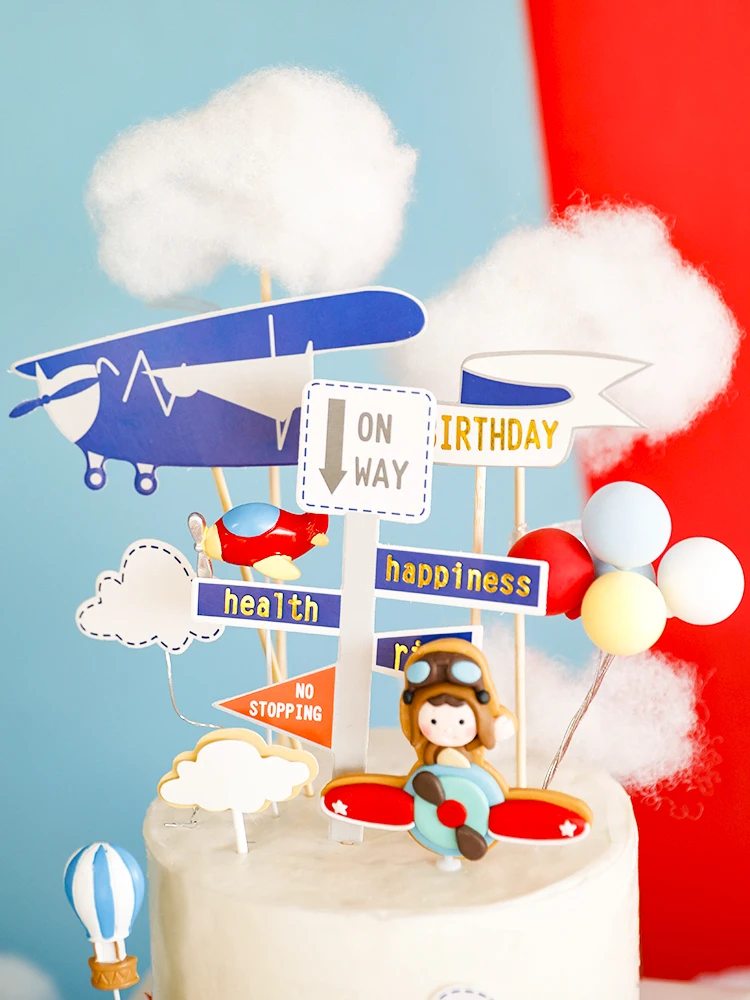 Pilot Themed Cake Decoration Cartoon Red and Blue Flying Airplane Boy Baby First Birthday Party Cloud Balloon Insert Baby Shower