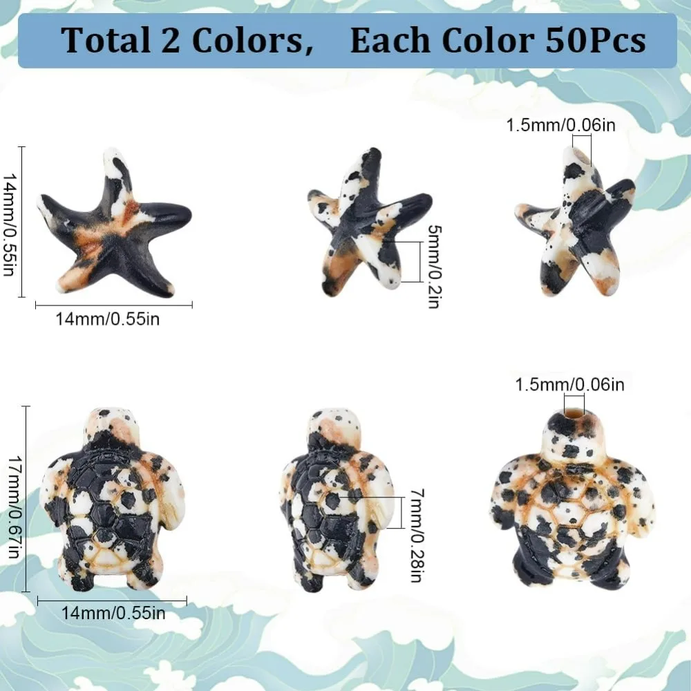 100 pçs 2 estilos turquesa tartaruga contas estrela do mar verão havaí oceano animal vida marinha sorte preto branco pedra preciosa fazendo kit