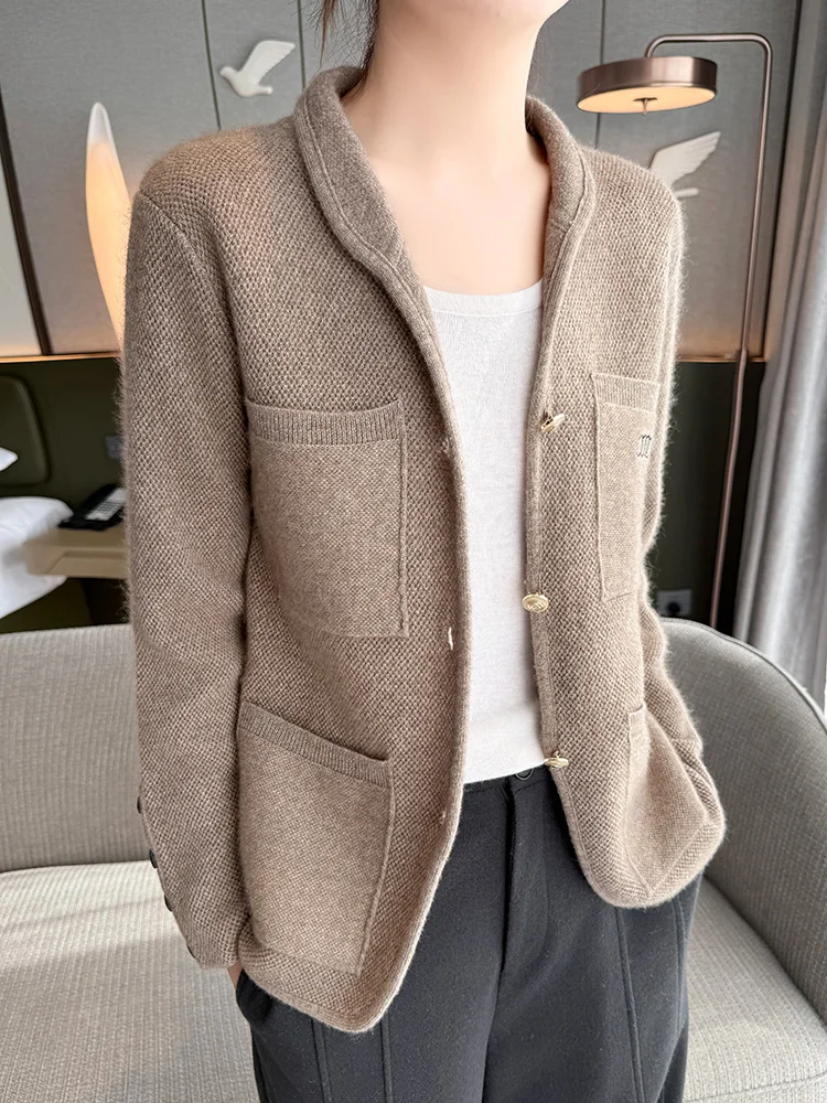 Light Luxury Office Lady 100% Merino Wool Sweater Suit Solid Thick Knitted Cardigan Long Sleeve Female Cashmere Clothing Tops