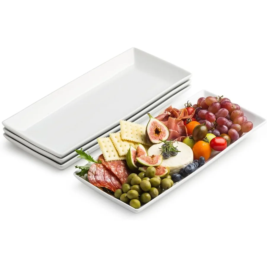 

White Rectangular Porcelain Serving Platters and Trays for Christmas Dinner Large 14inch Plates Ideal for Steak Tacos Sushi App