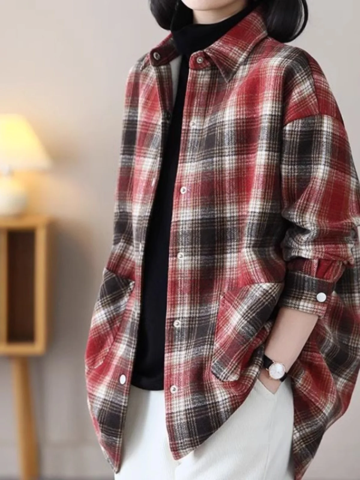 

Winter Women's Plaid irt Loose Long Sve Casual Sle Large Size Outerwear Henley Collar Comfortable Fit Daily Wear