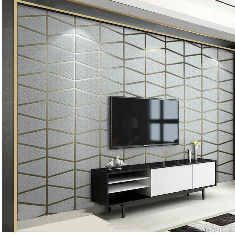 Grey Geometric Pattern Living Room TV Background Wall Faux Suede 3D Stereo Wallpaper Popular Sofa Backdrop Wall Paper