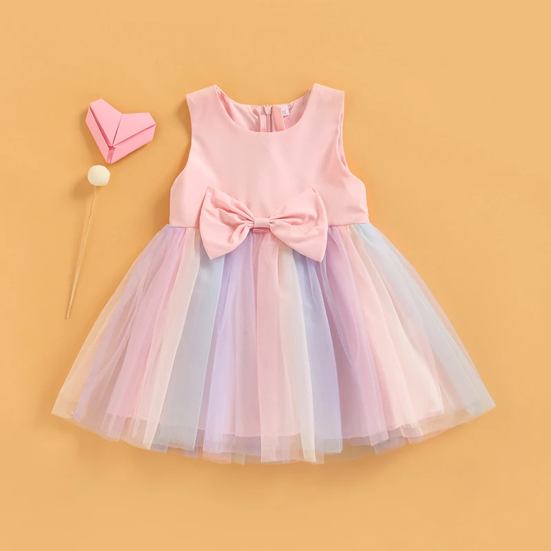 Toddler Kids Girls Princess Dress Sleeveless Bowknot Rainbow Color Tulle Tutu Dress Summer Birthday Party Pageant Dress