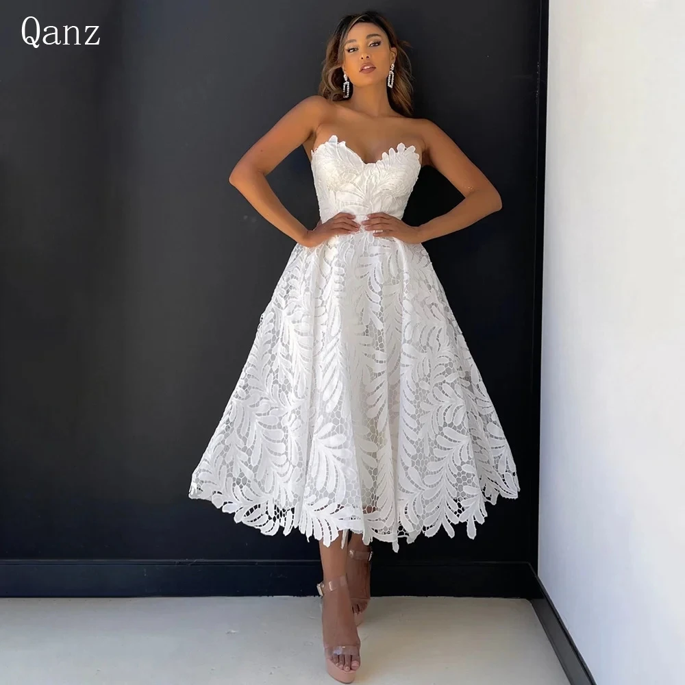 Qanz abiti da sera bianchi pizzo Tulle moderno lunghezza del tè Backless Vestidos De Fiesta Elegantes Para Mujer 2023 abiti da ballo