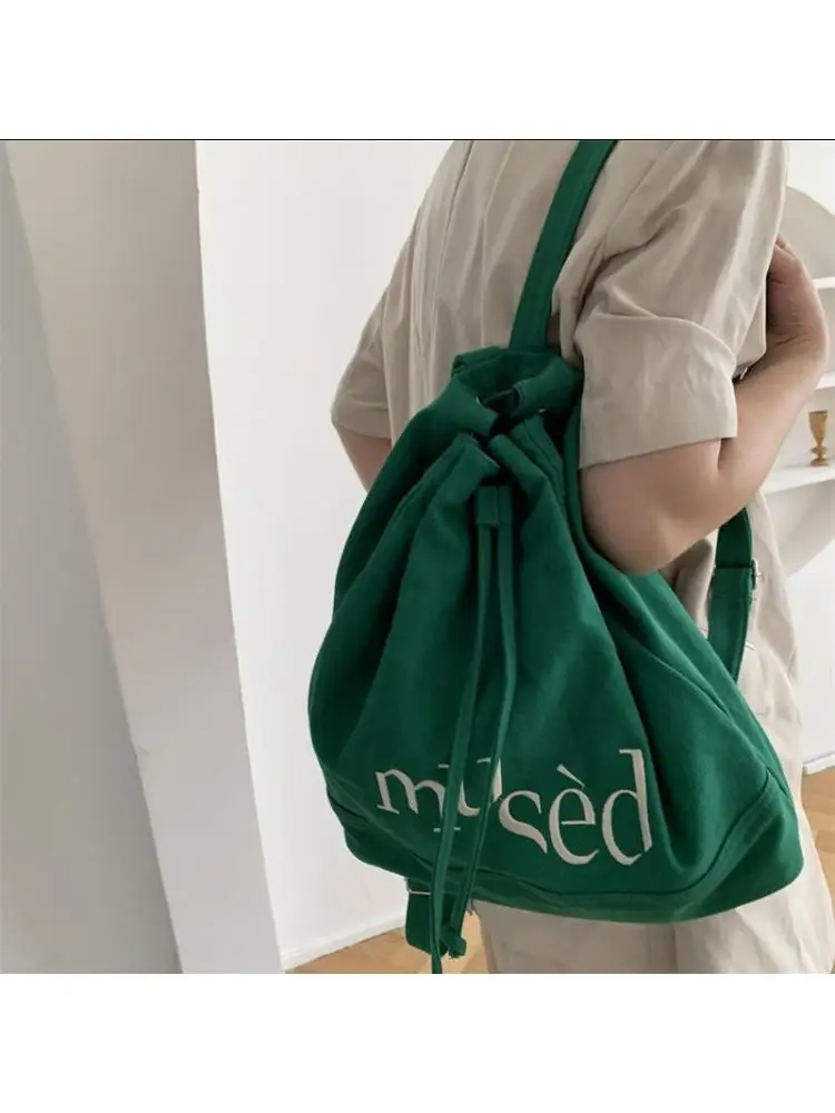 Korean version new double shoulder drawstring backpack minimalist letter printed canvas bag portable large capacity shopping bag