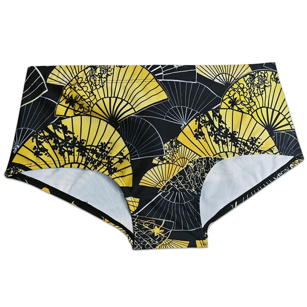 Printed boxer swimming trunks black gold folding fan with cup casual beach sports swimming trunks UXH619-1