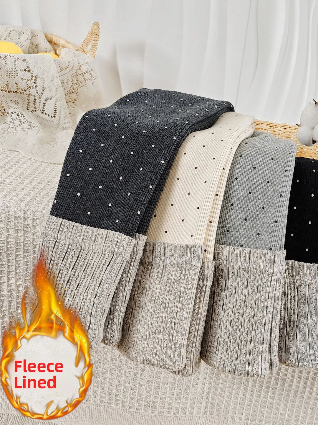 

Леггинсы в горошек на подкладке для девочек, эластичные зимние брюки с высокой талией, длинные брюки, повседневные брюки, Новое поступление 2023 г.