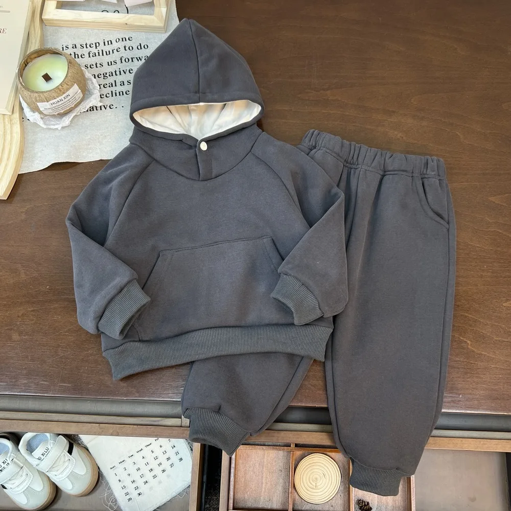 2026 Winter New Children Warm Sportwear Set Boys Girls Solid Fleece Hoodie + Pants 2pcs Suit Plus Velvet Thick Toddler Outfits