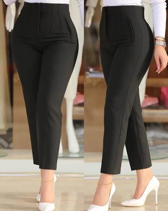 2024 Elegant High Waist Cropped Work Pants For Women Black All-Match Daily Office Formal Wear Fashion Women Trousers OL Pants