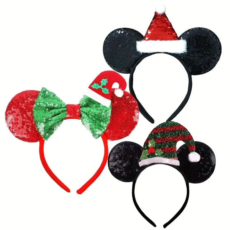 Ladies' Day Christmas Mickey Mouse Ear Headband - Ribbon Bow and Santa Claus Hat Design