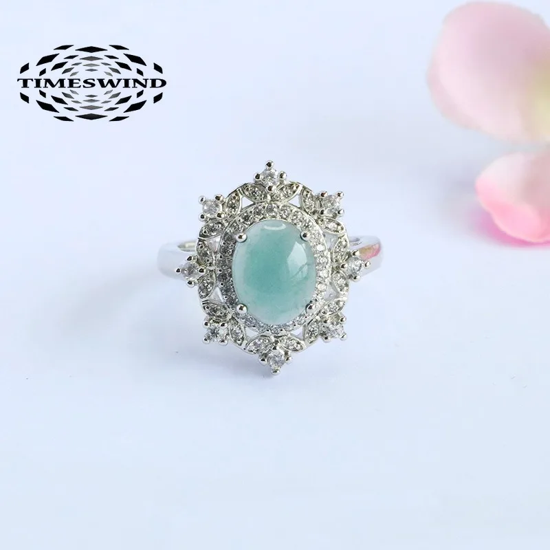 

TIMESWIND Natural A-type Jade Light Blue Oval Flower Zircon Women Alloy Open Ring with Certificate