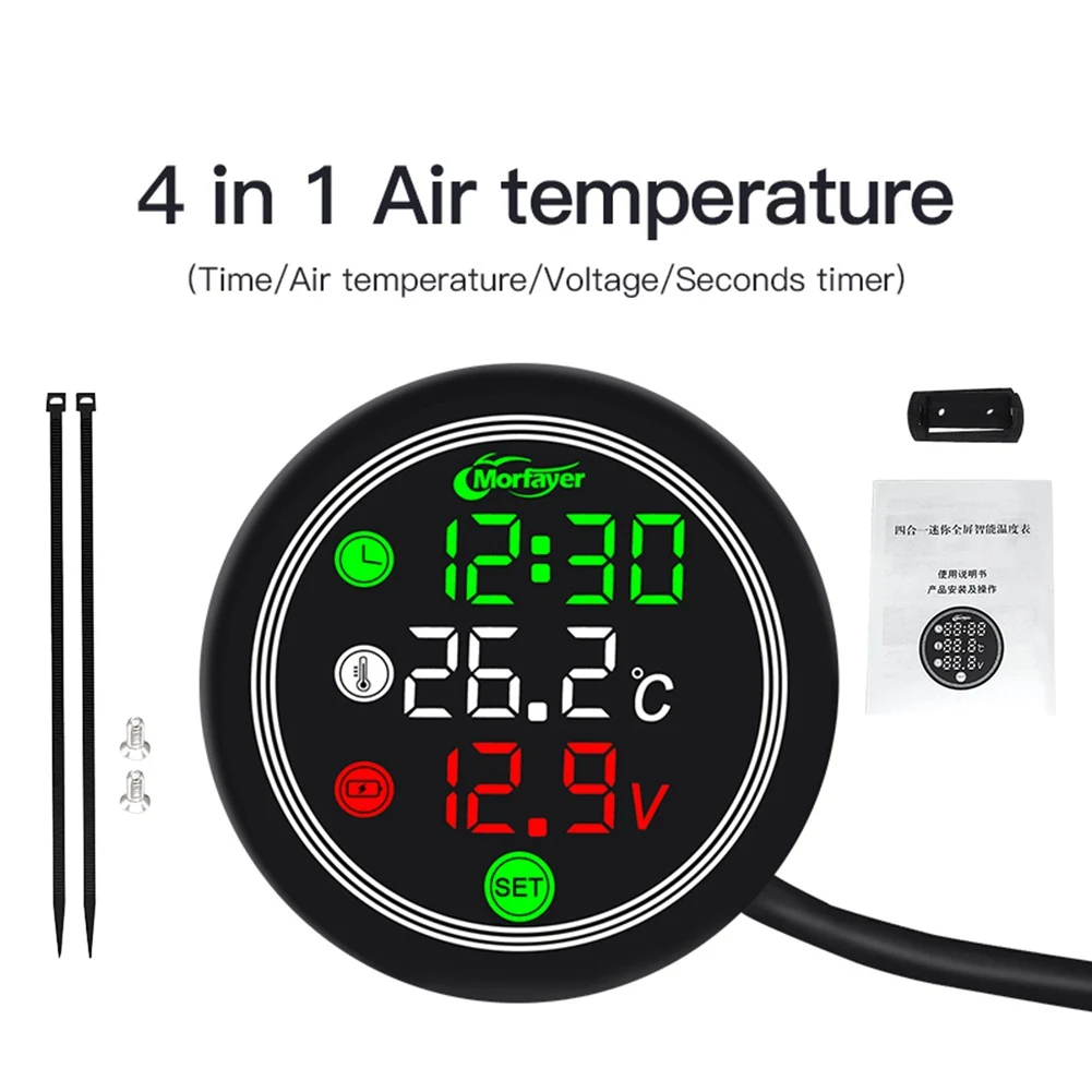 12V Motorcycle Water/Air Temperature Voltage Timer Meter LED Digital Display with Water High Temp Low Voltage Alarm Parts