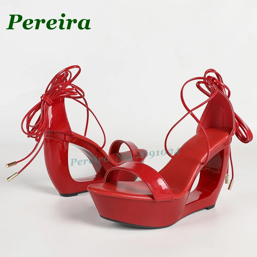 

Red Patent Cutout Wedge Sandals Open Toe Cross Strappy Lace-Up Heels Sexy Party Club Platform Shoes Patchwork Summer Sexy Shoes