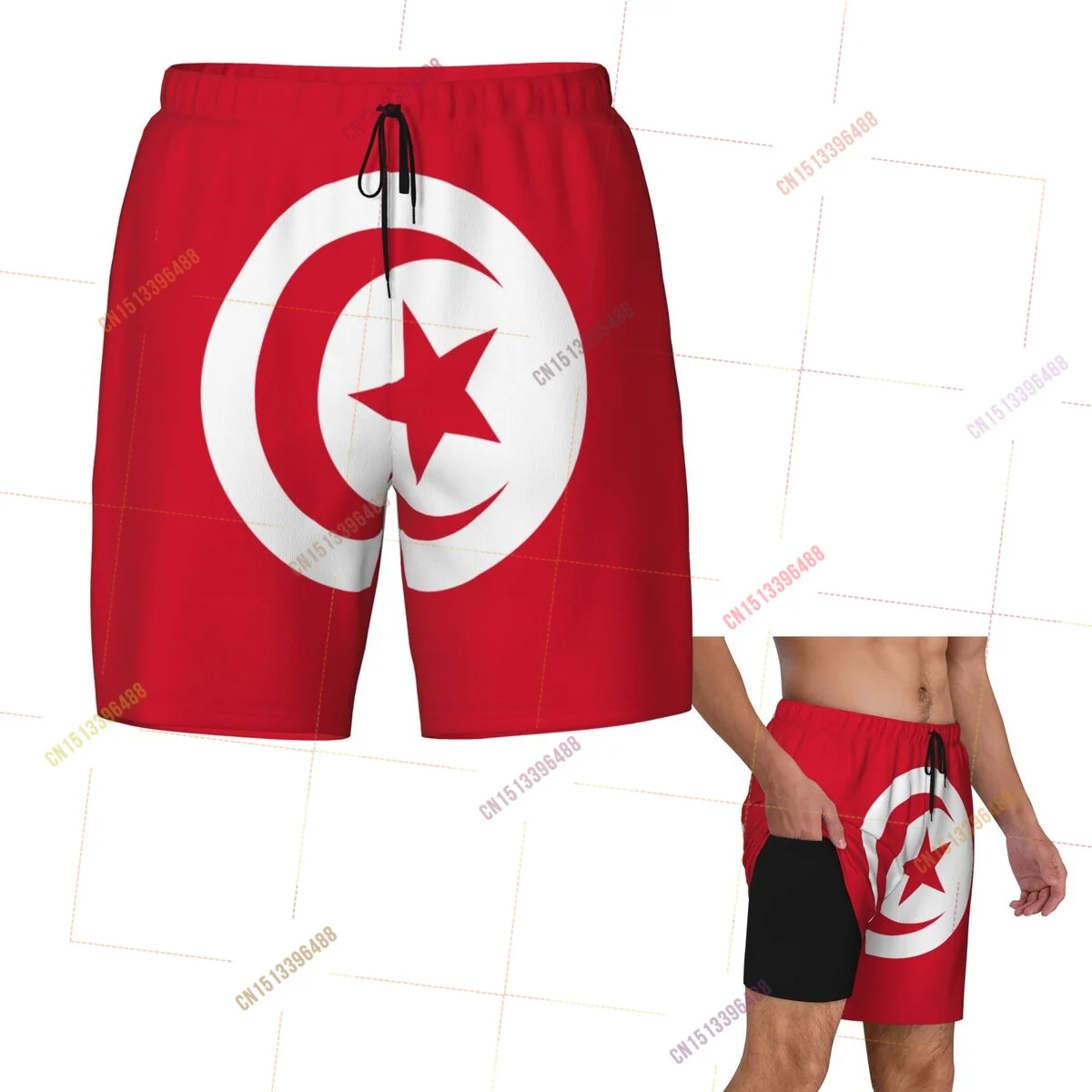 2026 Tunisia Flag Top Print 3D Mens Swimming Trunks Hawaiian Bathing Beach 2 in 1 Quick-Dry Summer Swim Shorts With Pockets