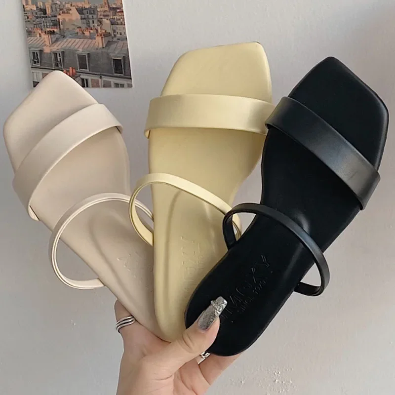 New Slides Women Shoes Summer Fashion Solid color Leather Straps Slippers Lady Square Toe Peep Toe Sandals Flat Outdoor Slippers