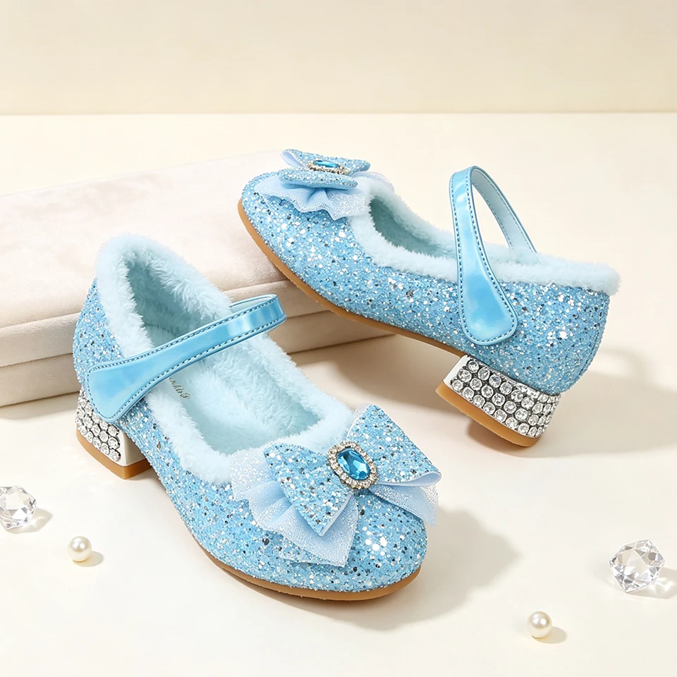 Fleece Lined Mary Jane Fairy Girls High Heels Princess Shoes Christmas Halloween Children's Winter Warm Shiny Elegant Party Shoe