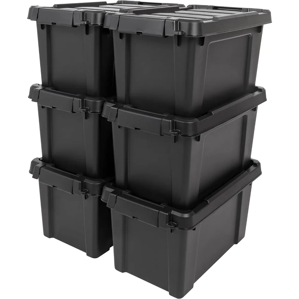 

USA 5 Gallon Lockable Storage Totes with Lids, 6 Pack - Black, Heavy-Duty Durable Stackable Containers,