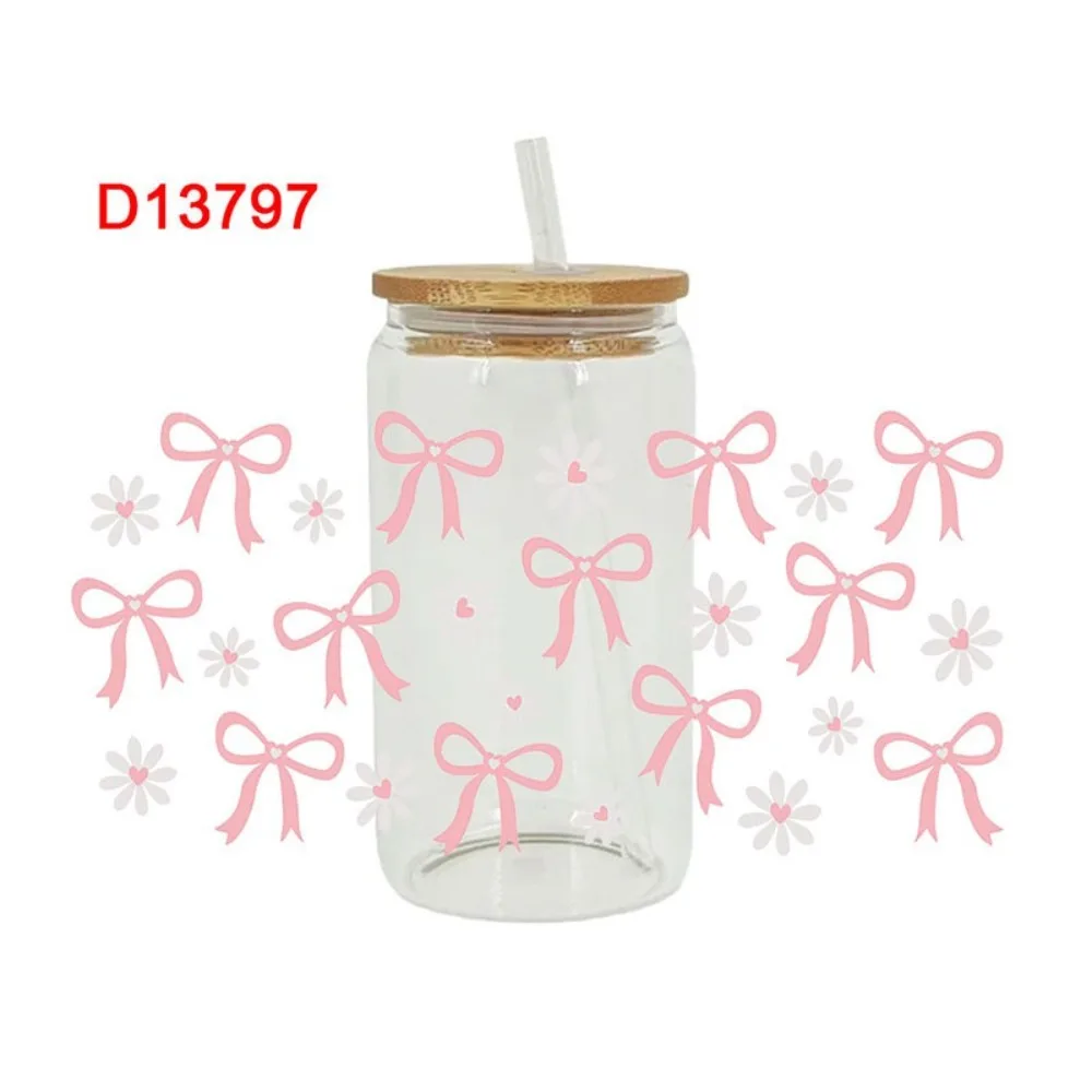 New Waterproof UV DTF Transfer Sticker Clear Smooth Pink Bow Decals Water Bottles Sticker For 16Oz Glass Cup