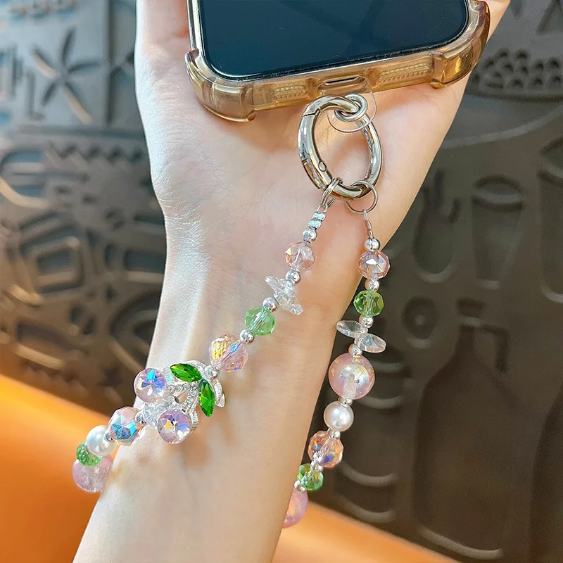 Korean Cute Red Cherry Bow Pearl Phone Chain Lanyard Charm Strap Wrist Bead Hanging Cord Bracelet Keychain For iPhone Girl Rope
