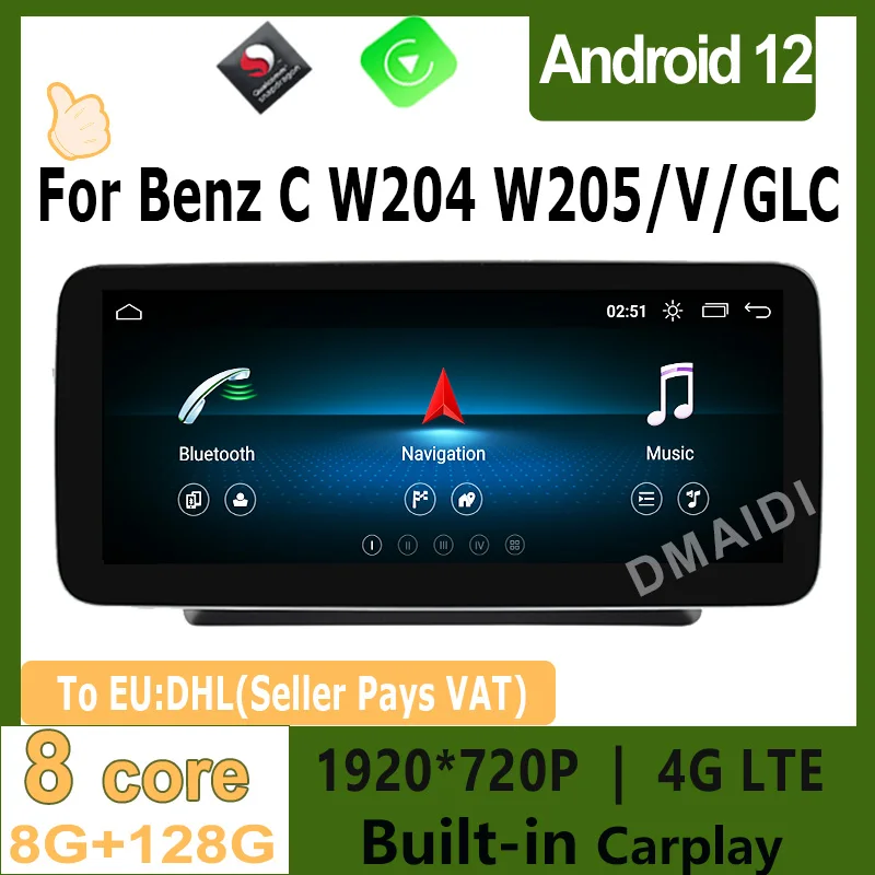 

Android 12 Carplay Auto 8G+128G Car Multimedia Player For Mercedes Benz C/V Class W204 W205 W638 GPS Navigation Screen 4G Video