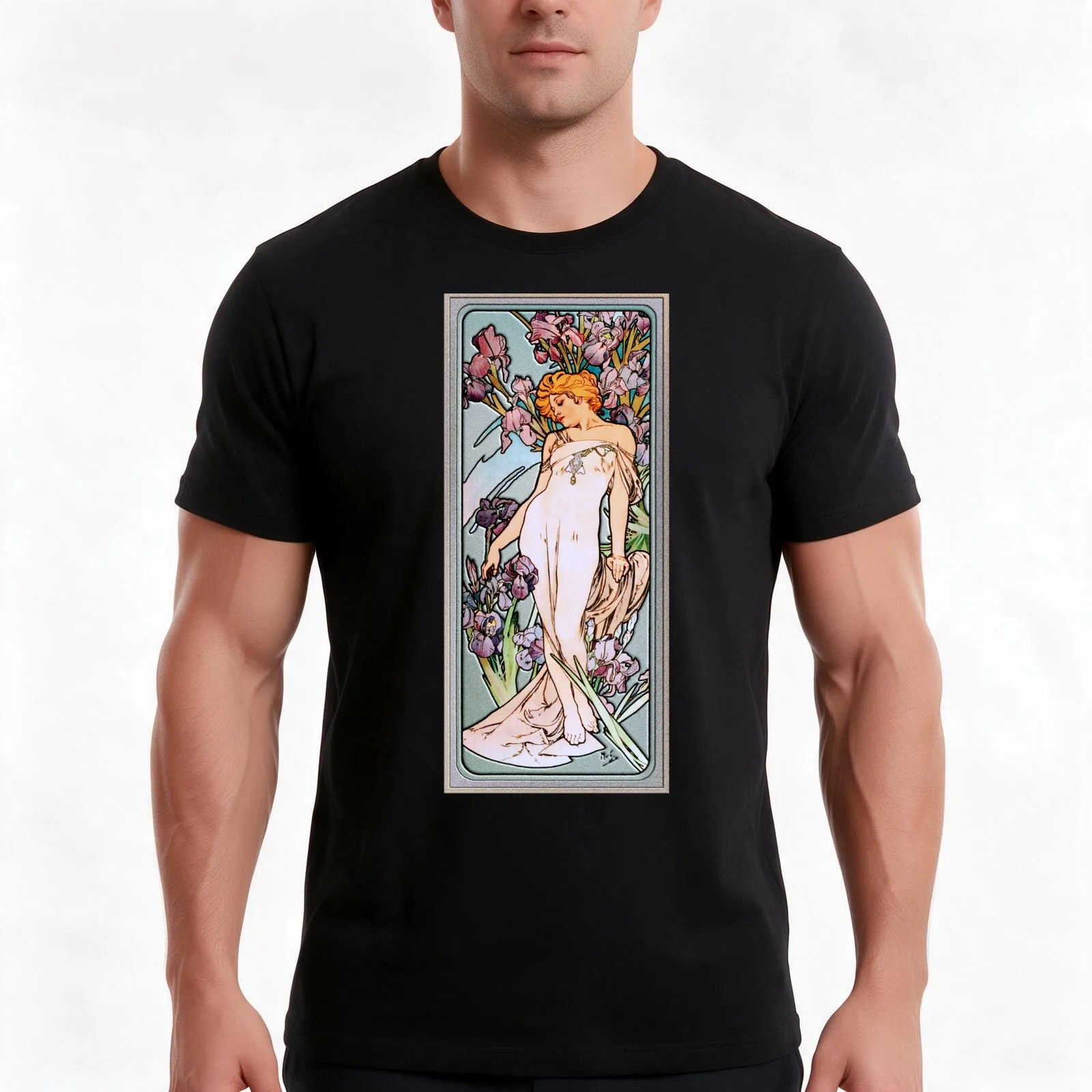 The Iris by Alphonse Mucha Art Nouveau Old Masters Reproductions T-Shirt Summer Casual Cotton Tee Oversized Streetwear Tops