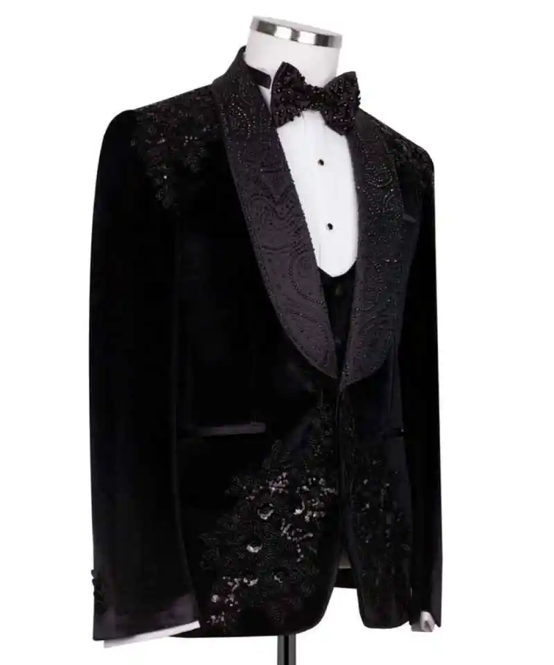 Abito da uomo di lusso 3 pezzi in rilievo di cristallo monopetto smoking da sposo da sposa formale blazer da uomo business personalizzato