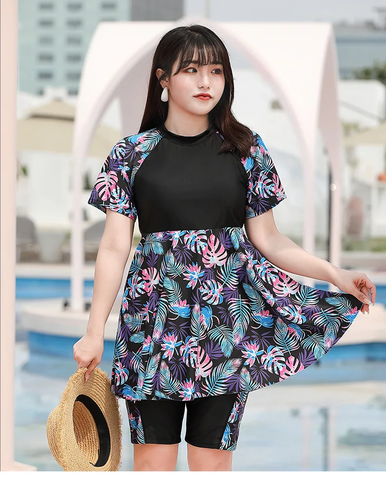 2022 Plus Size Swimsuit Swimdress with Shorts for Women Leaves Print Tummy Contrl Swimwear Skirt Big Bathing Suit Tankini Set