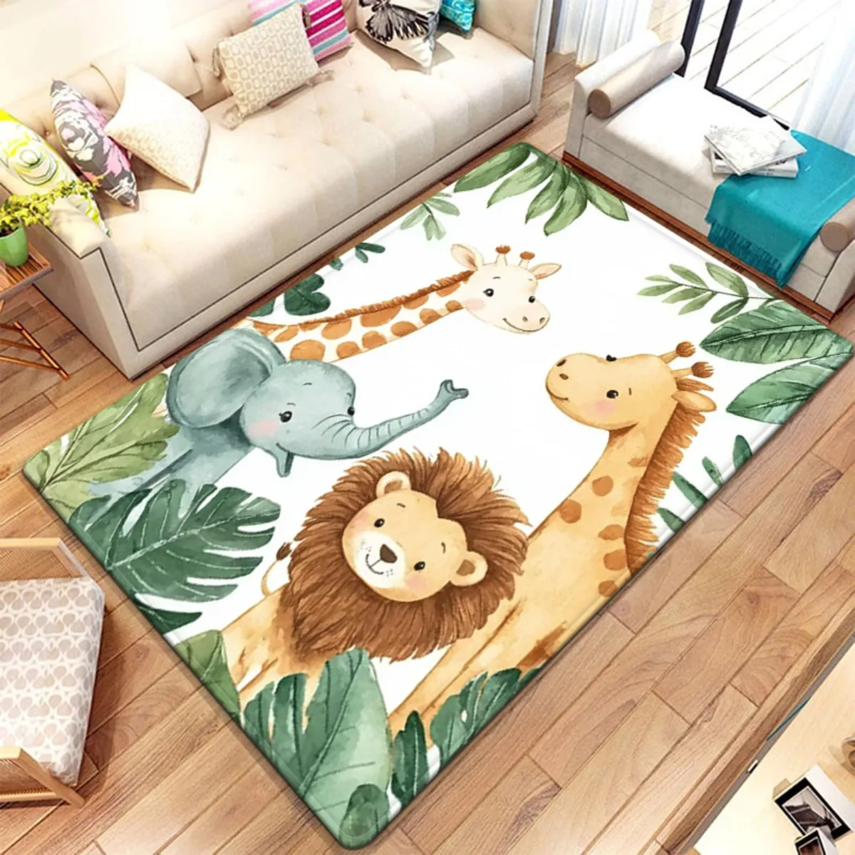 Kids Jungle Safari Animal Print Area Rug Nursery Decor Playroom Mat Cute Lion Giraffe Elephant Tropical Wildlife Carpet Floor