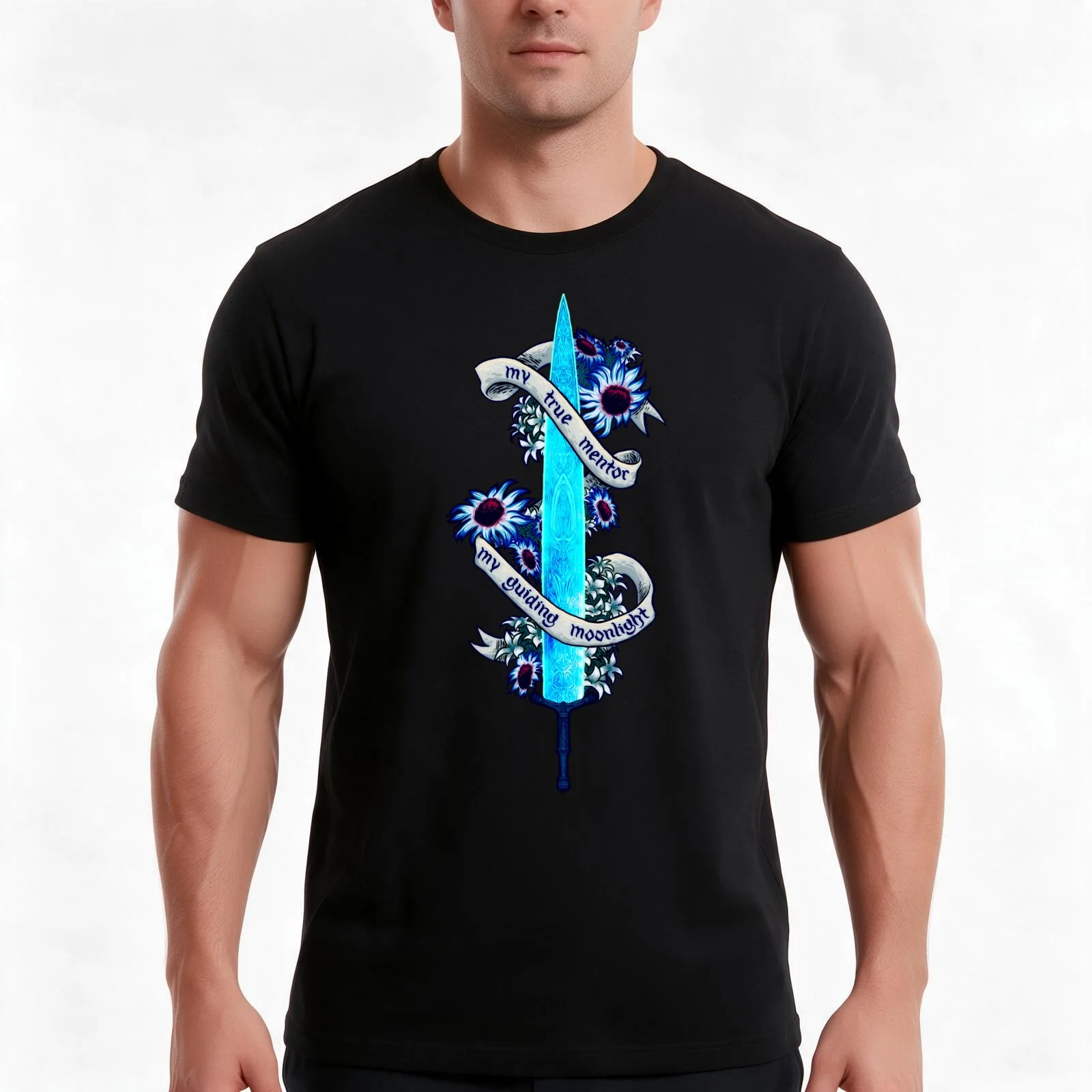 Moonlight Greatsword T-Shirt, Summer Casual Cotton Tee, Oversized Streetwear Tops, Vintage Graphic Print, Loose Fit Short Sleeve