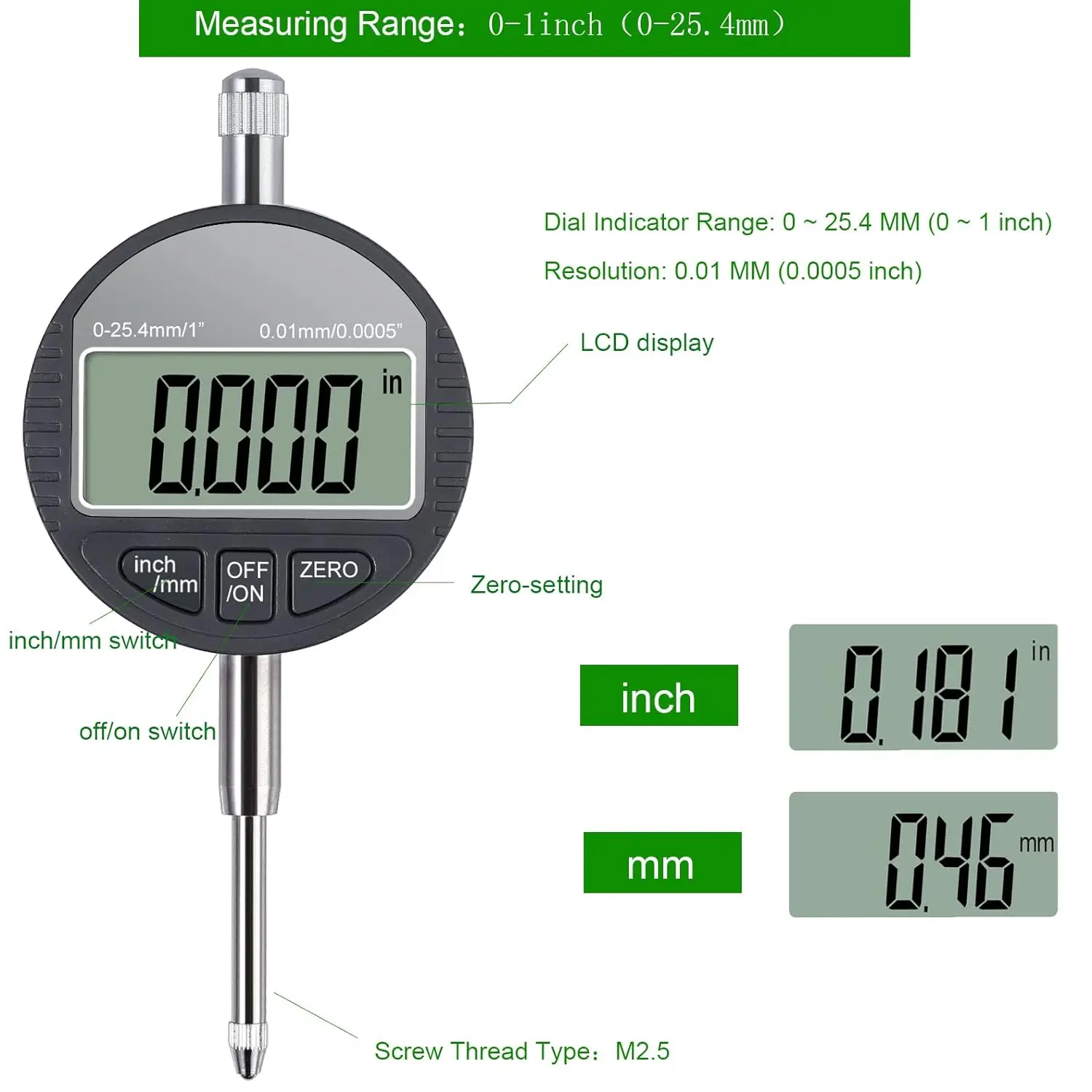 Electronic Digital Dial Indicator Gauge Inch/Metric Conversion 0-1 Inch/25.4 mm Digital Probe Indicator Dial Test Gauge High Res