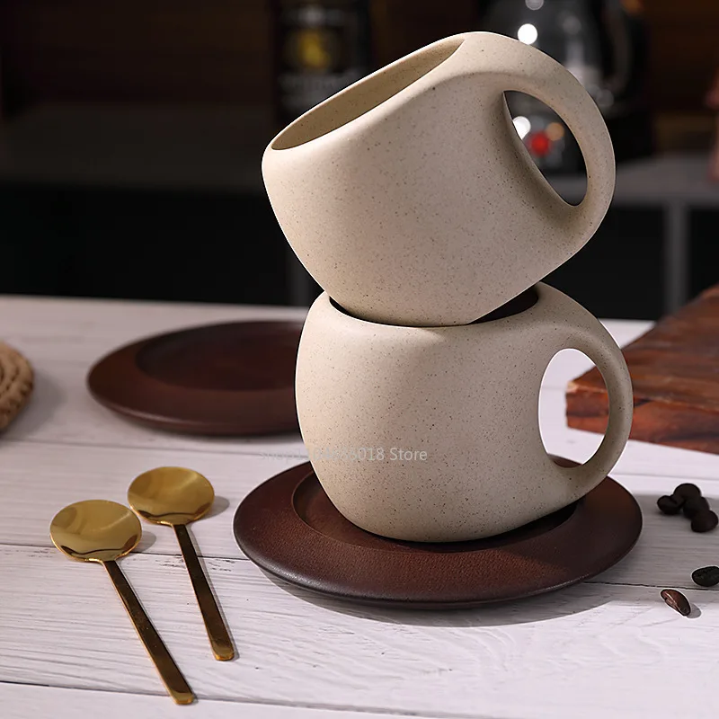 

Ceramic coffee cup and saucer set retro latte American coffee cup wooden coasters tea cups spoon flower cups.