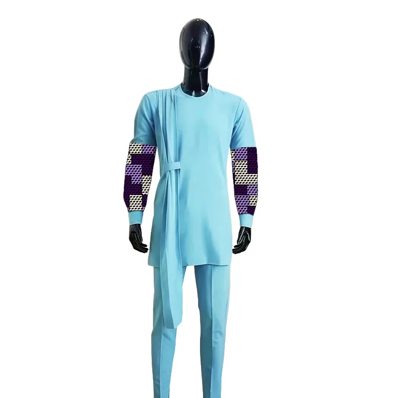 Tailor African Couture Sky Blue Men's Casual Set Patchwork Shirt+Pant Nigerian Fashion Male Groom Suit Party Wear