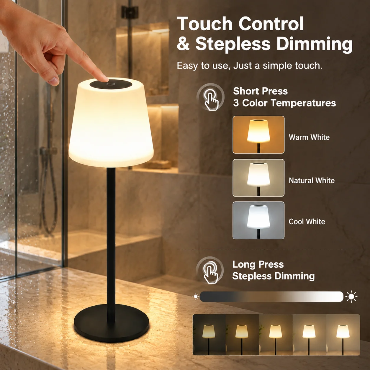 Touchless wireless bathroom lamp, 1800mAh rechargeable lithium battery, with touch control, adjustable 3-color temperature light