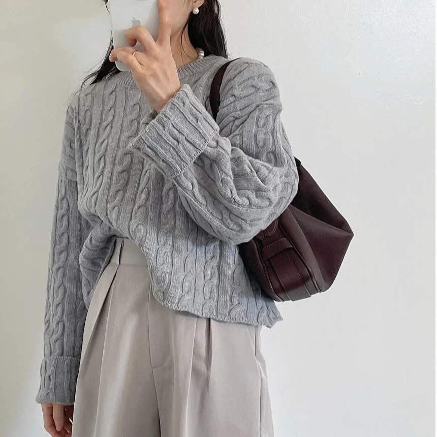 Women's Knitted Long Sve Sweater Soft Twist Design Autumn Early Season Versatile Lazy Sle High Slit Knitwear Top