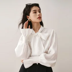 Womens Y2k Tops 2024 Autumn New French Fashion Bow Long-Sleeved Shirt Temperament Drape Chiffon Shirt Commuter Bottoming Shirt