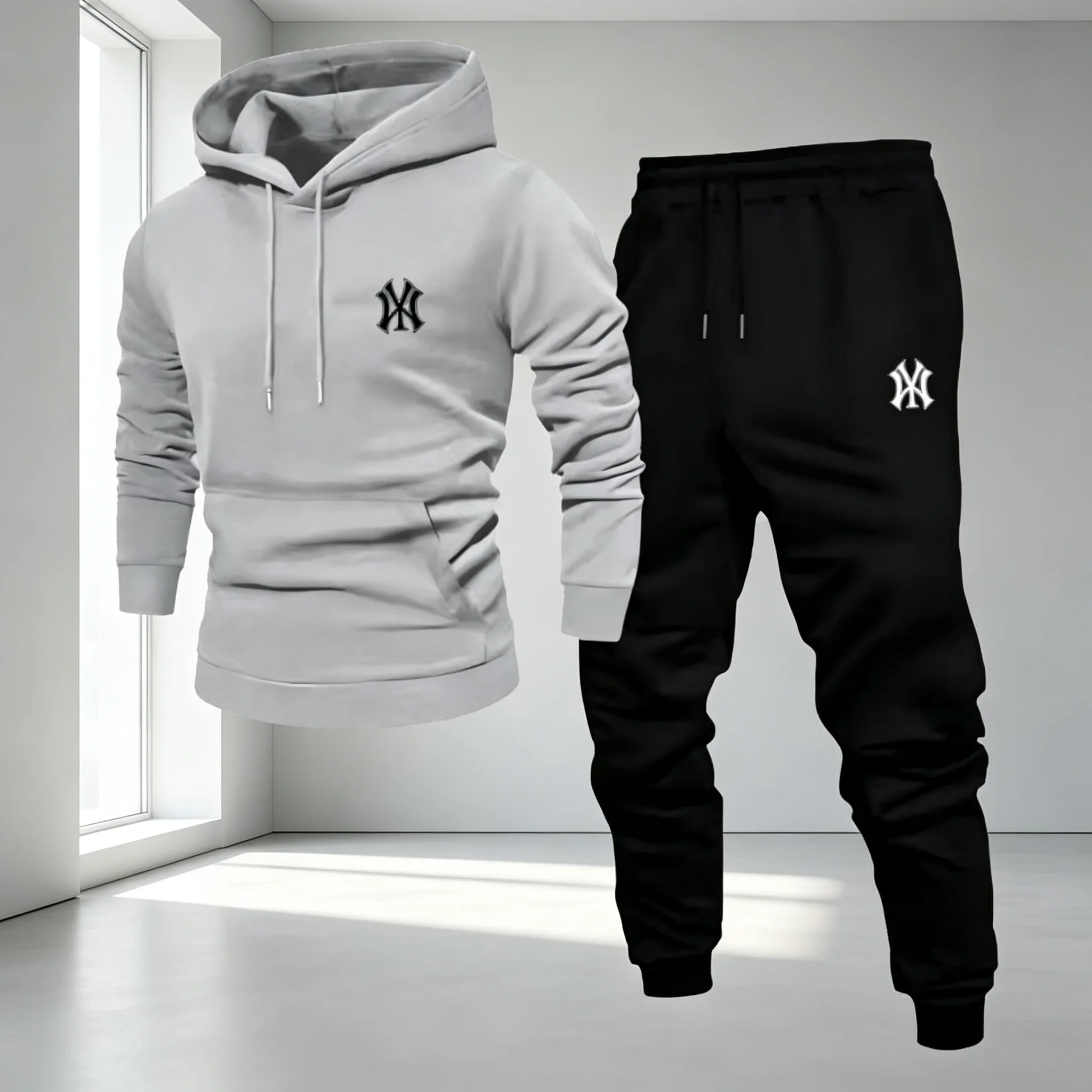Men's trendy fashion cross-shaped print hooded sweatshirt with elastic cuffs and long pants - autumn/winter casual fashion set - view 5