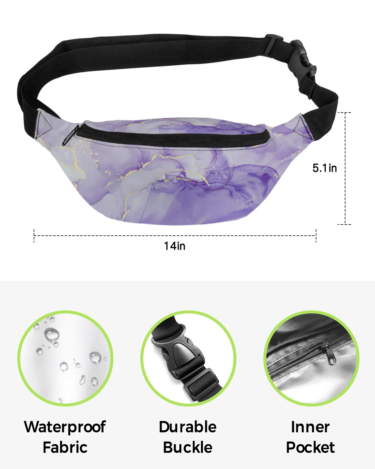 Bolsa de cintura impermeável para homens e mulheres, Fanny Pack, bolsa, grande cinto de telefone, carteira, Banana Hip Bags, mármore textura, gradiente roxo bolsa