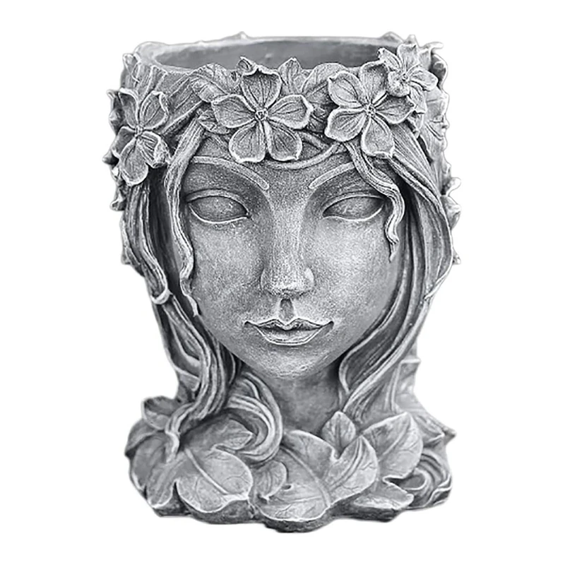 Retro Goddess Statue Succulent Flowerpot,Lady Face Planter With Drainage Hole,Portrait Sculpture Art Plant Flower Pot