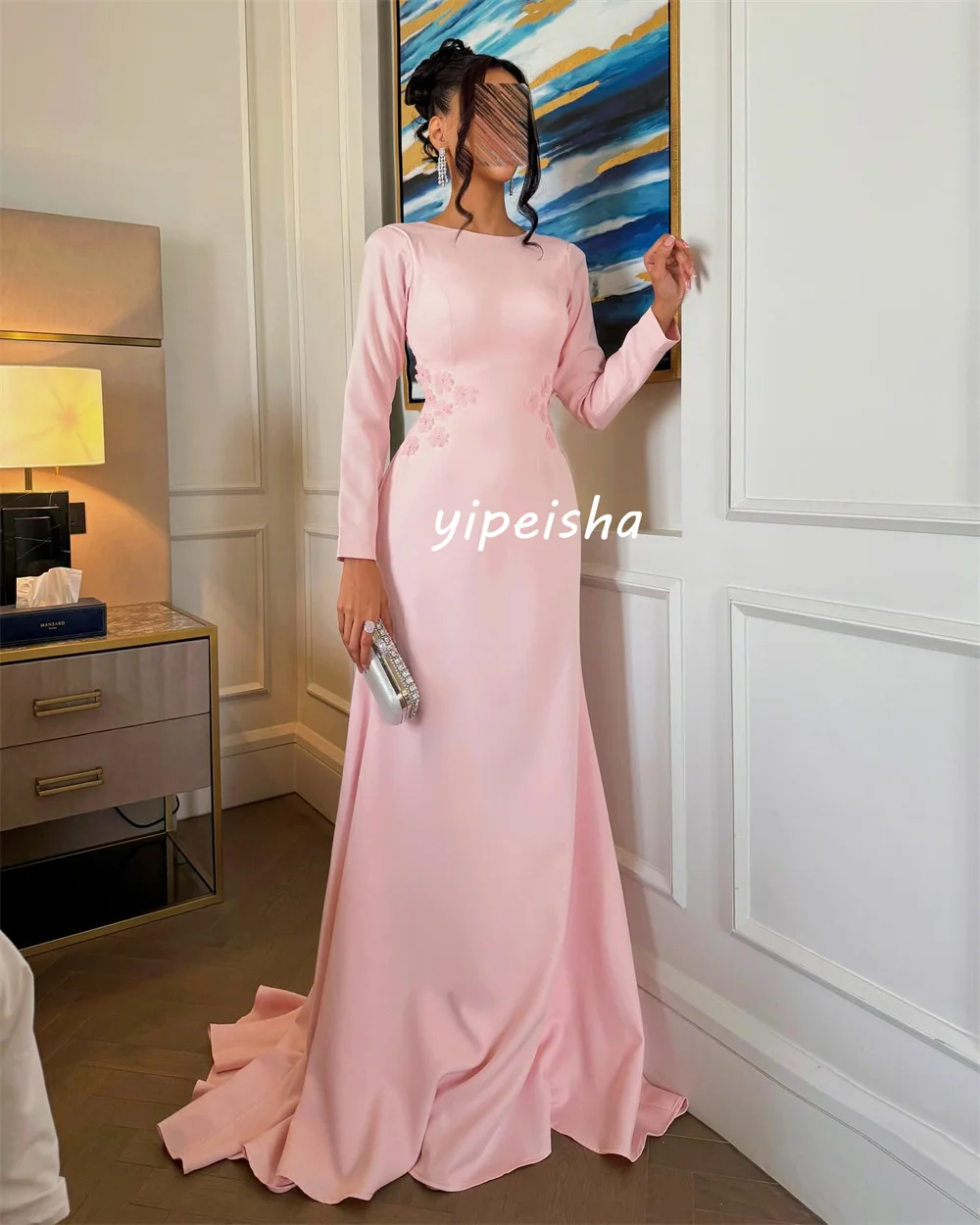Customized Fashion Sizes Available Jersey Pleat Flower Beading Mermaid Scoop Neck Long Dresses Bespoke Occasion Dresses Formal image 6