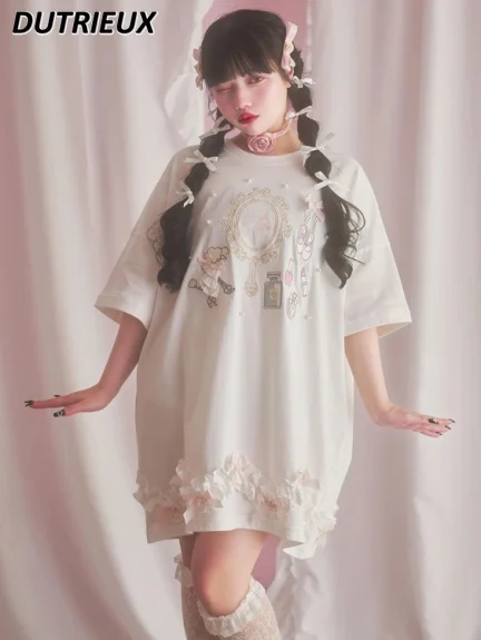 Japanese Style Mine Embroidered Pattern Bowknot Loose T-shirt Sweet Cute Girls Short Sleeve Round-Neck Mid-length Tops