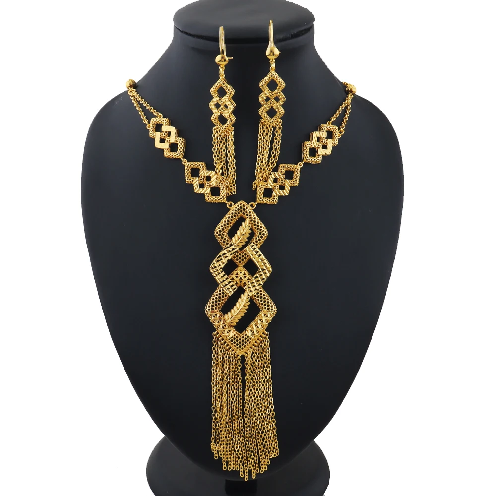 

dubai style womens jewelry set 24K luxury Gold Color Long Necklace Set Nigerian Party Bridal Wedding Necklace Earrings Set