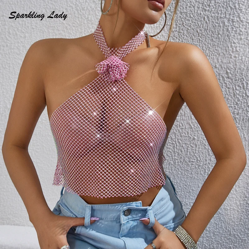 

Sexy Fishnet Rhinestone Trimmed Mesh Halter Crop Top Alluring Pink Fishnet Mesh Halter Sling Backless for Party Clubwear