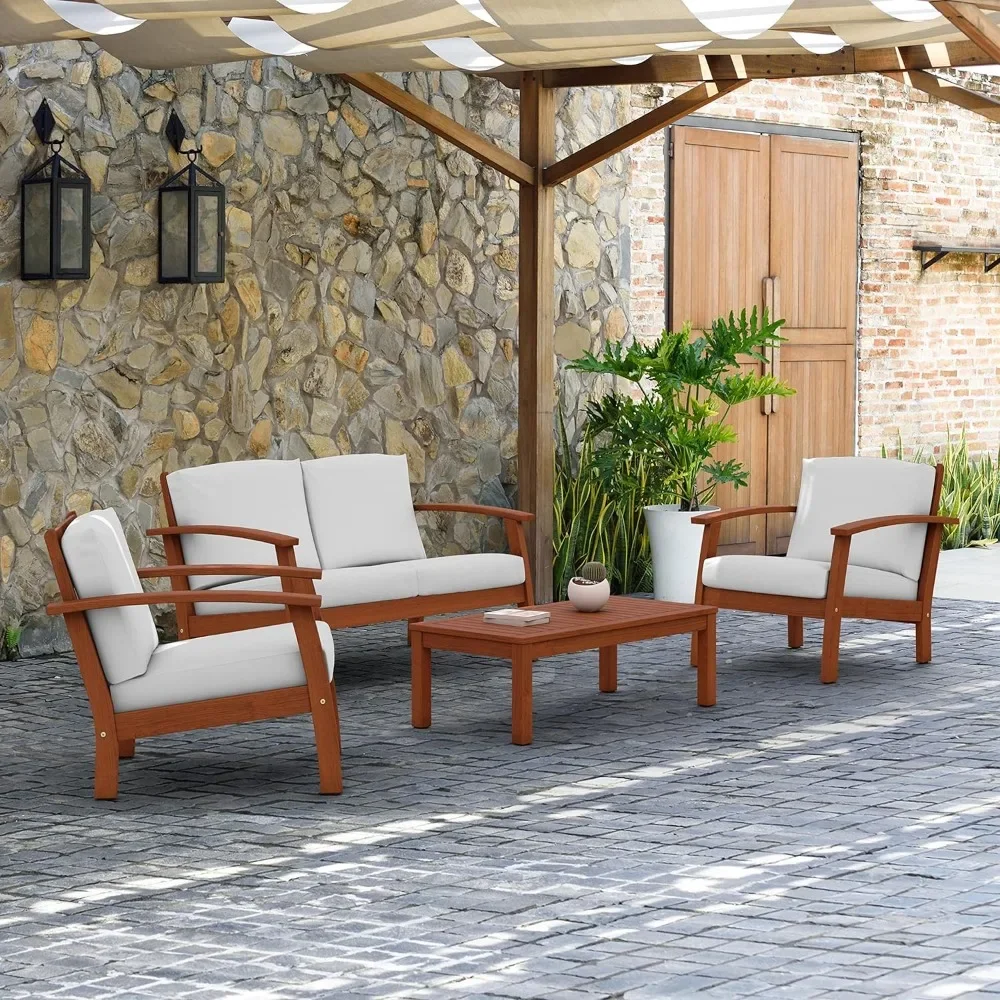 4-Piece Conversation Set | Durable Eucalyptus With Natural Finish House Capsule Outdoor Furniture Terrace WhiteFreight Free