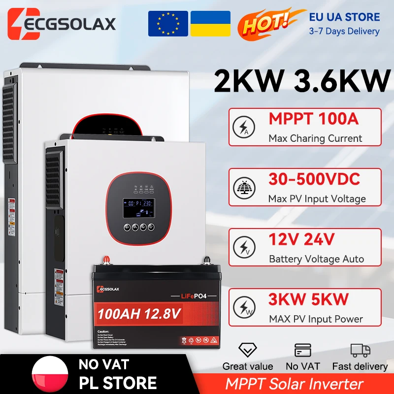 ECGSOLAX 100Ah 12.8V/25.6V Bateria litowa LiFePO4 + 2kW/3.6KW 12V/24V Inwerter Off-grid do zasilania domowego, awaryjnego użytku i systemów energii słonecznej