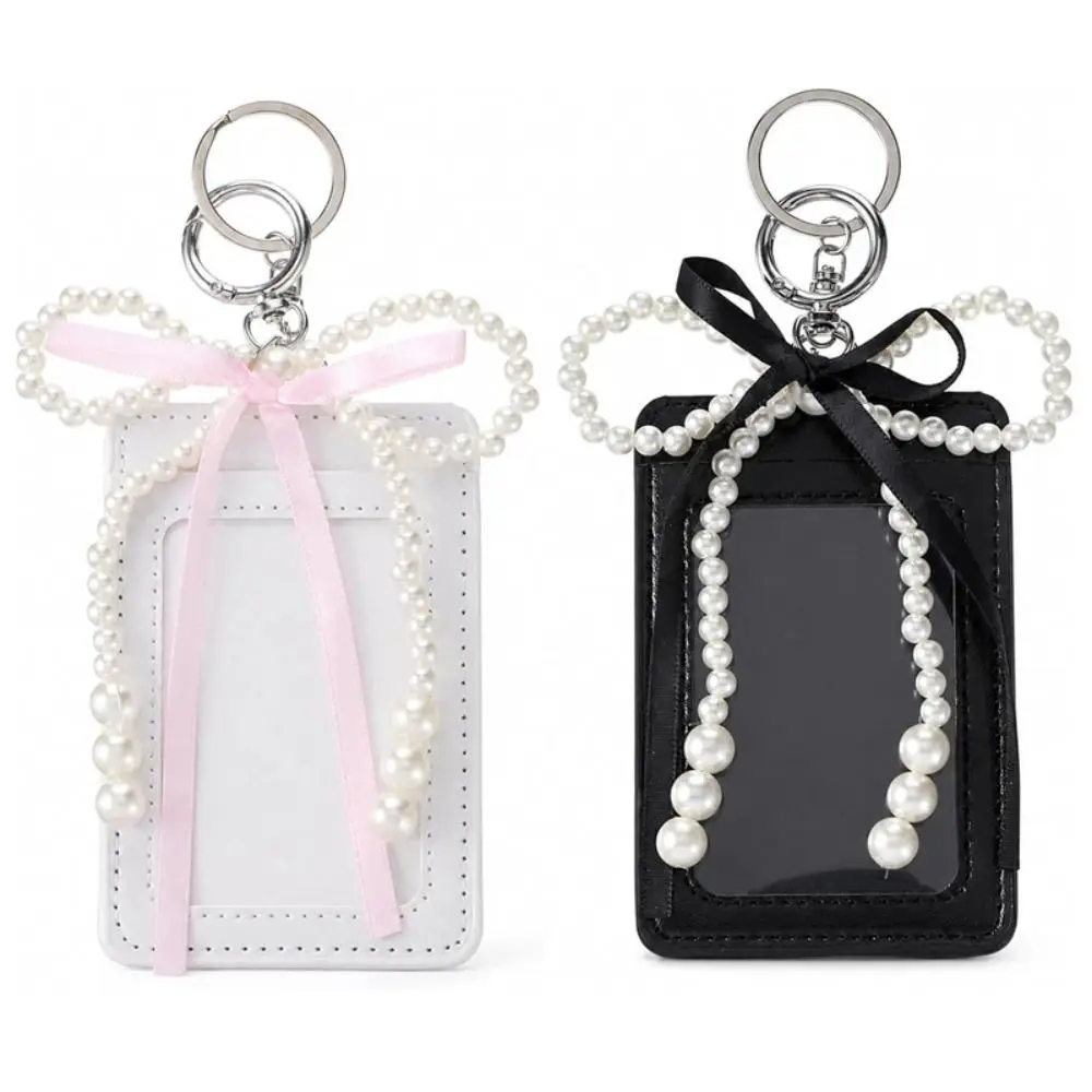 Stylish INS Style Cute Photocard Holder Decorative Pearl Bow Photos Bag Charm Protective Soft PU ID Card Case Keychain